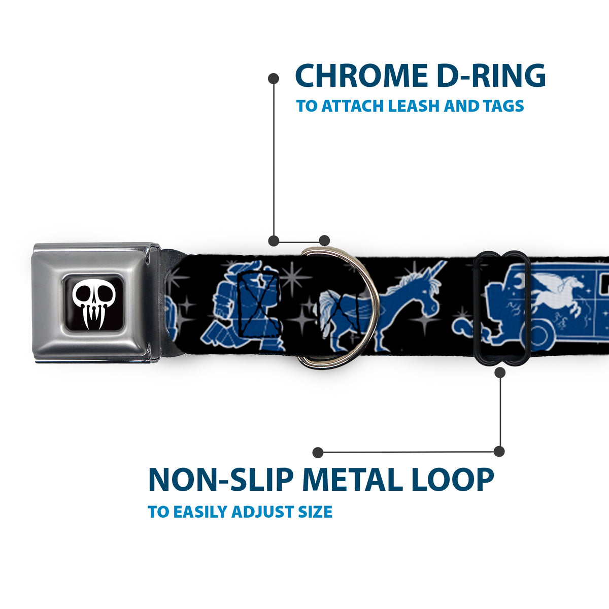 Onward Skull Icon Full Color Black/White Seatbelt Buckle Collar - Onward Barley/Unicorn/Guinevere Icons/Stars Black/Gray/Blues Dog Collars Seatbelt Buckle Disney