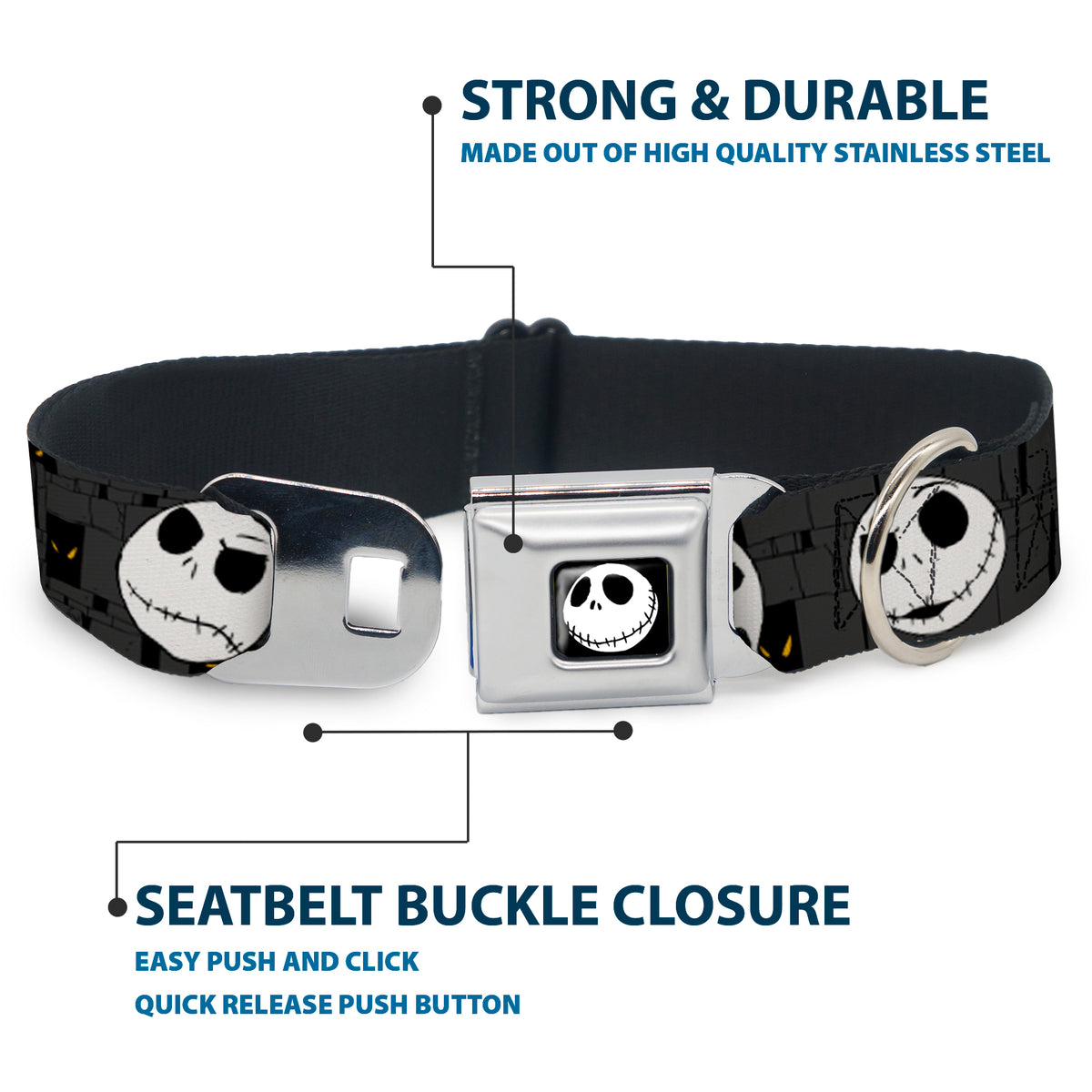 Jack Smile Full Color Seatbelt Buckle Collar - Nightmare Before Christmas Jack Expressions Gray Dog Collars Seatbelt Buckle Disney