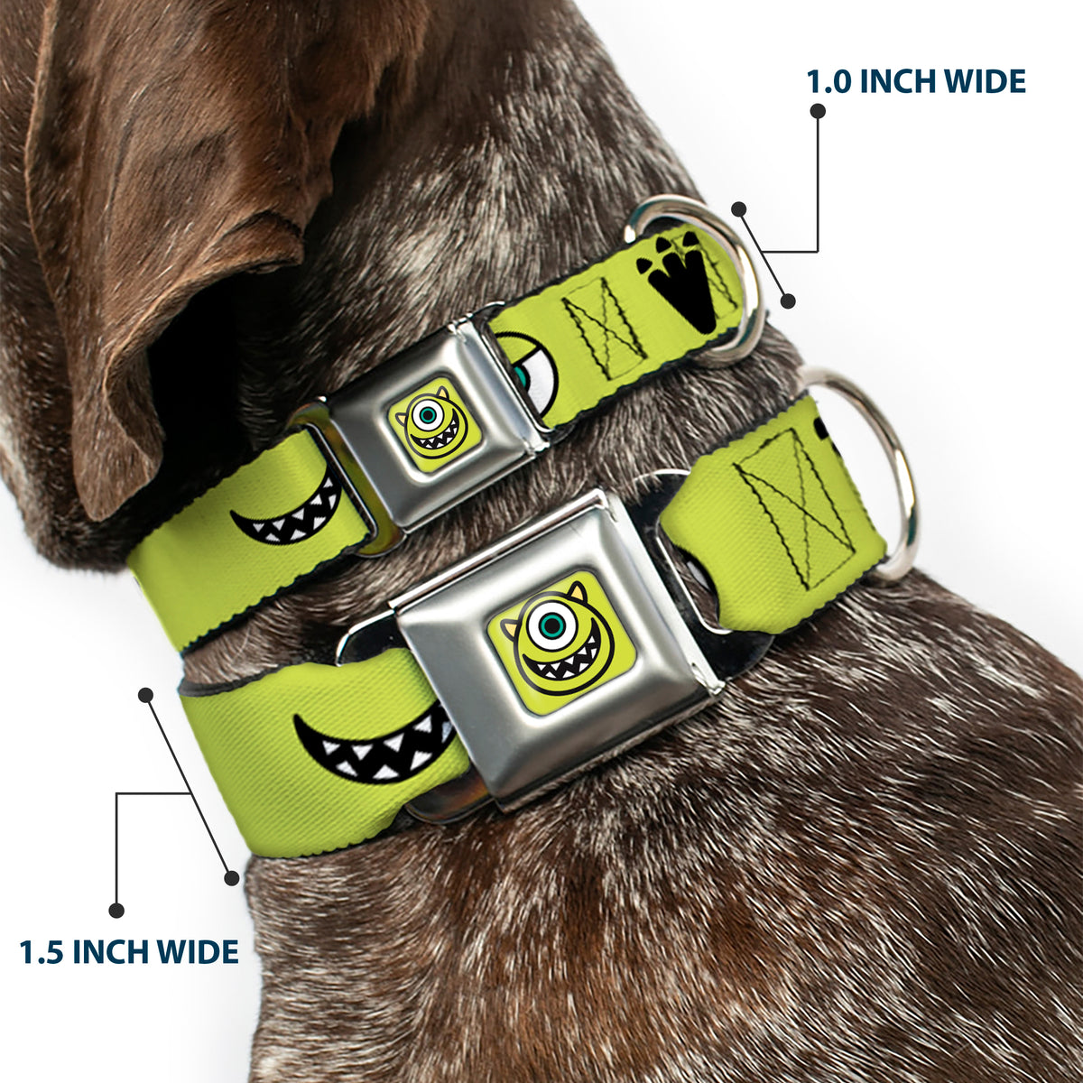 Monsters Inc. Mike Smiling Face Full Color Greens/Black/White Seatbelt Buckle Collar - Monsters Inc. Mike 4-Icons Greens/Black/White Dog Collars Seatbelt Buckle Disney