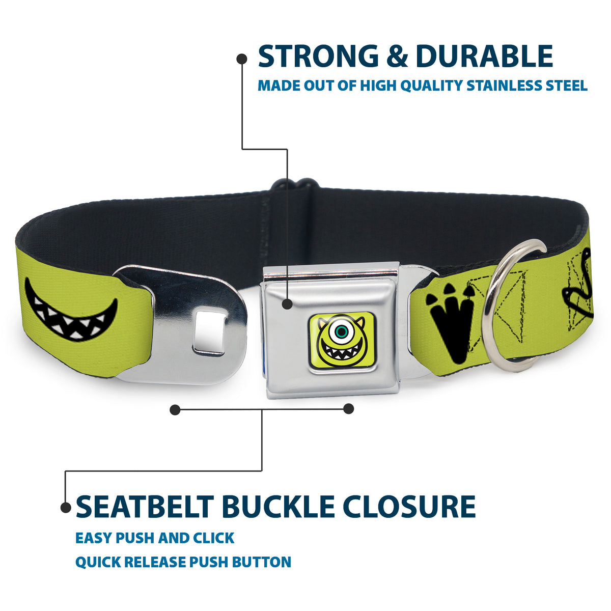 Monsters Inc. Mike Smiling Face Full Color Greens/Black/White Seatbelt Buckle Collar - Monsters Inc. Mike 4-Icons Greens/Black/White Dog Collars Seatbelt Buckle Disney
