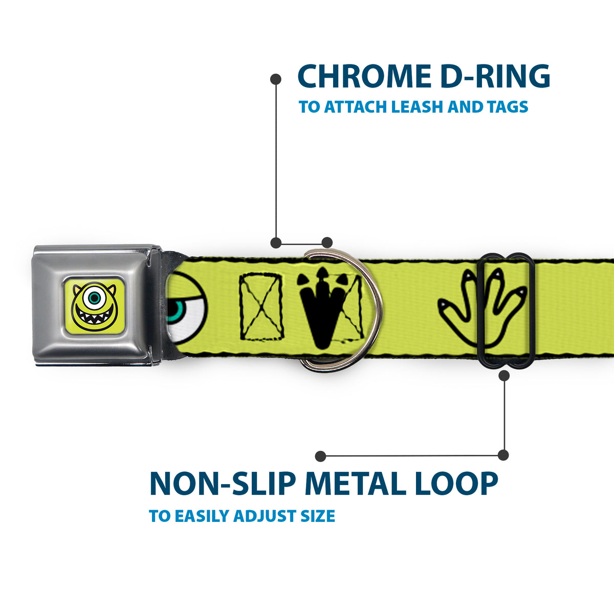 Monsters Inc. Mike Smiling Face Full Color Greens/Black/White Seatbelt Buckle Collar - Monsters Inc. Mike 4-Icons Greens/Black/White Dog Collars Seatbelt Buckle Disney
