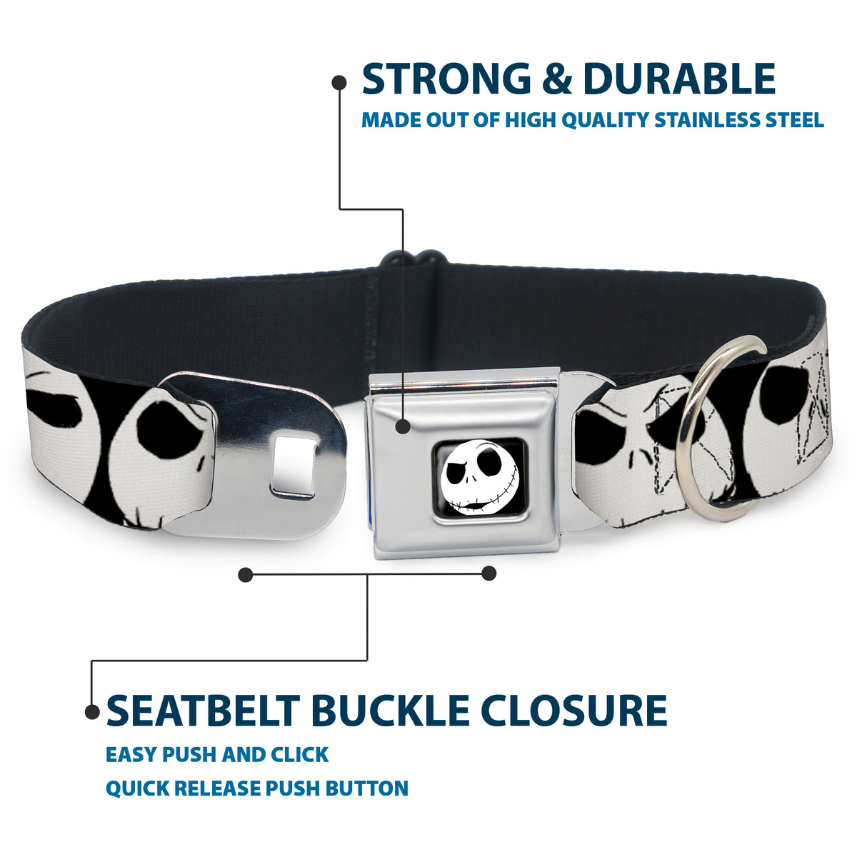 Jack Expression2 Full Color Seatbelt Buckle Collar - Nightmare Before Christmas 7-Jack Expressions CLOSE-UP Black/White Dog Collars Seatbelt Buckle Disney