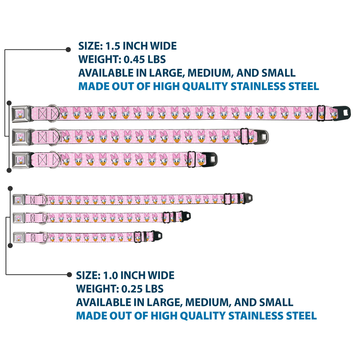 Daisy Duck Smiling Face Full Color Pinks Seatbelt Buckle Collar - Daisy Duck 2-Expressions/Dots Pinks Dog Collars Seatbelt Buckle Disney