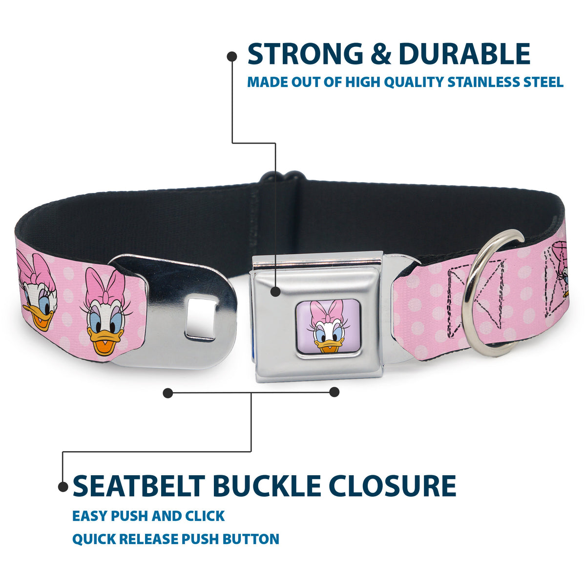 Daisy Duck Smiling Face Full Color Pinks Seatbelt Buckle Collar - Daisy Duck 2-Expressions/Dots Pinks Dog Collars Seatbelt Buckle Disney