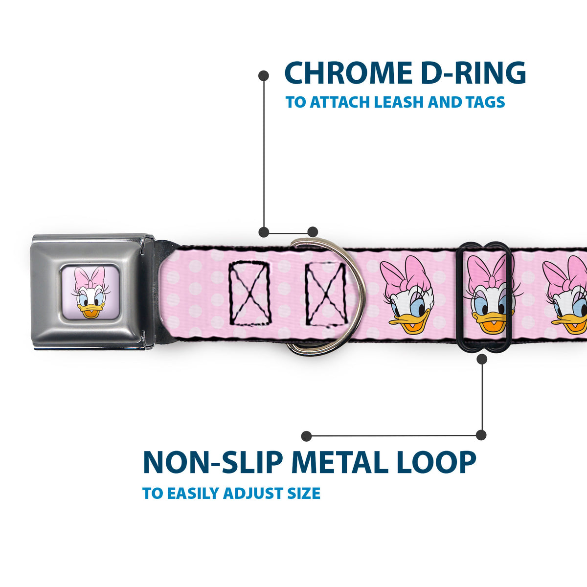 Daisy Duck Smiling Face Full Color Pinks Seatbelt Buckle Collar - Daisy Duck 2-Expressions/Dots Pinks Dog Collars Seatbelt Buckle Disney