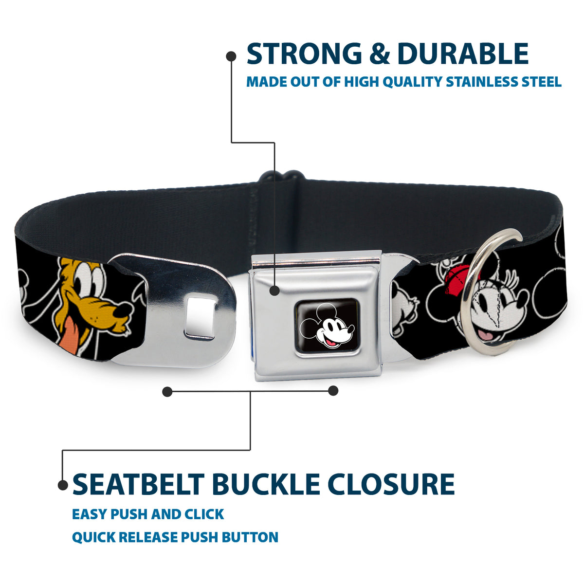 Mickey Mouse Smiling Face Full Color Black Seatbelt Buckle Collar - Disney The Sensational Six Smiling Faces Black Dog Collars Seatbelt Buckle Disney