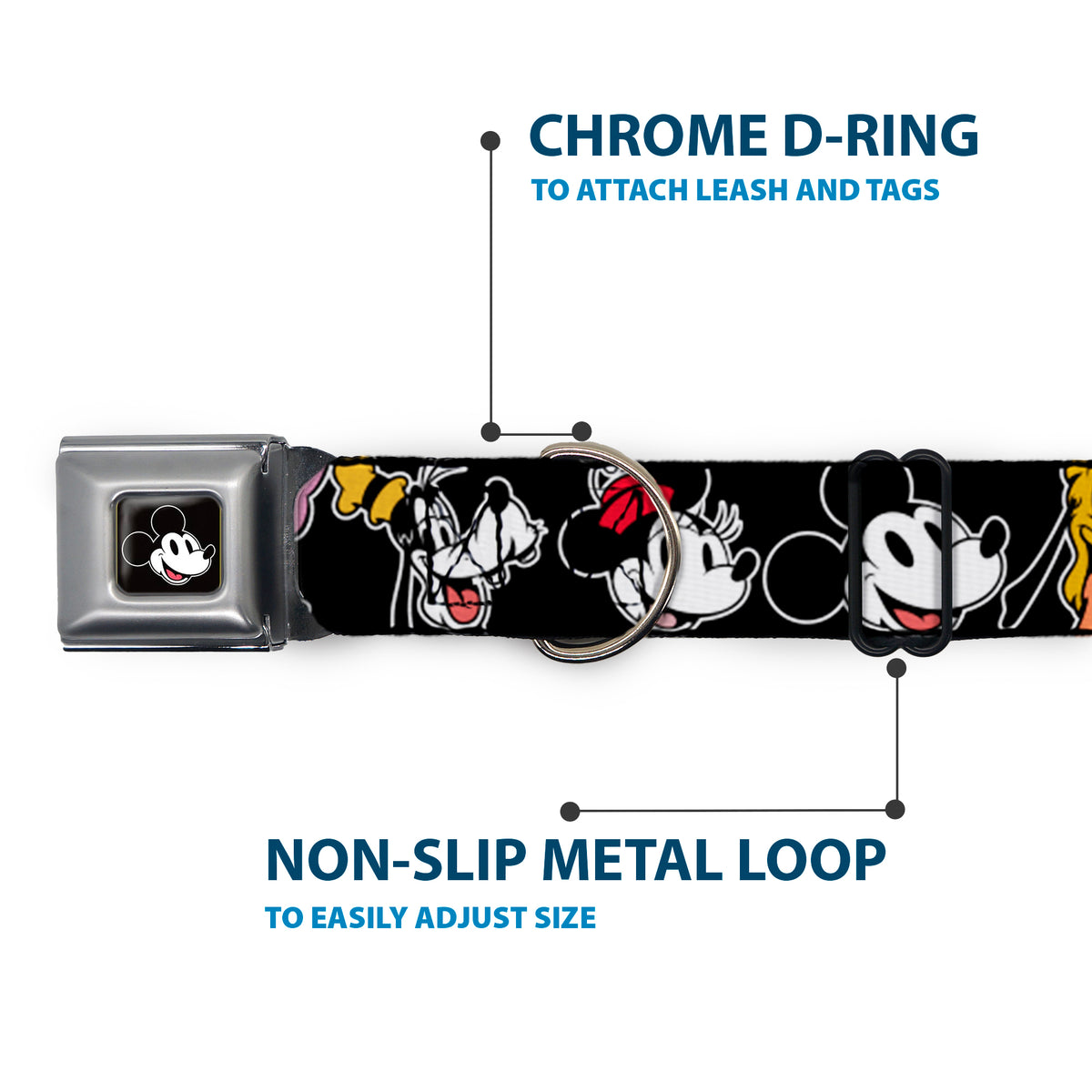 Mickey Mouse Smiling Face Full Color Black Seatbelt Buckle Collar - Disney The Sensational Six Smiling Faces Black Dog Collars Seatbelt Buckle Disney