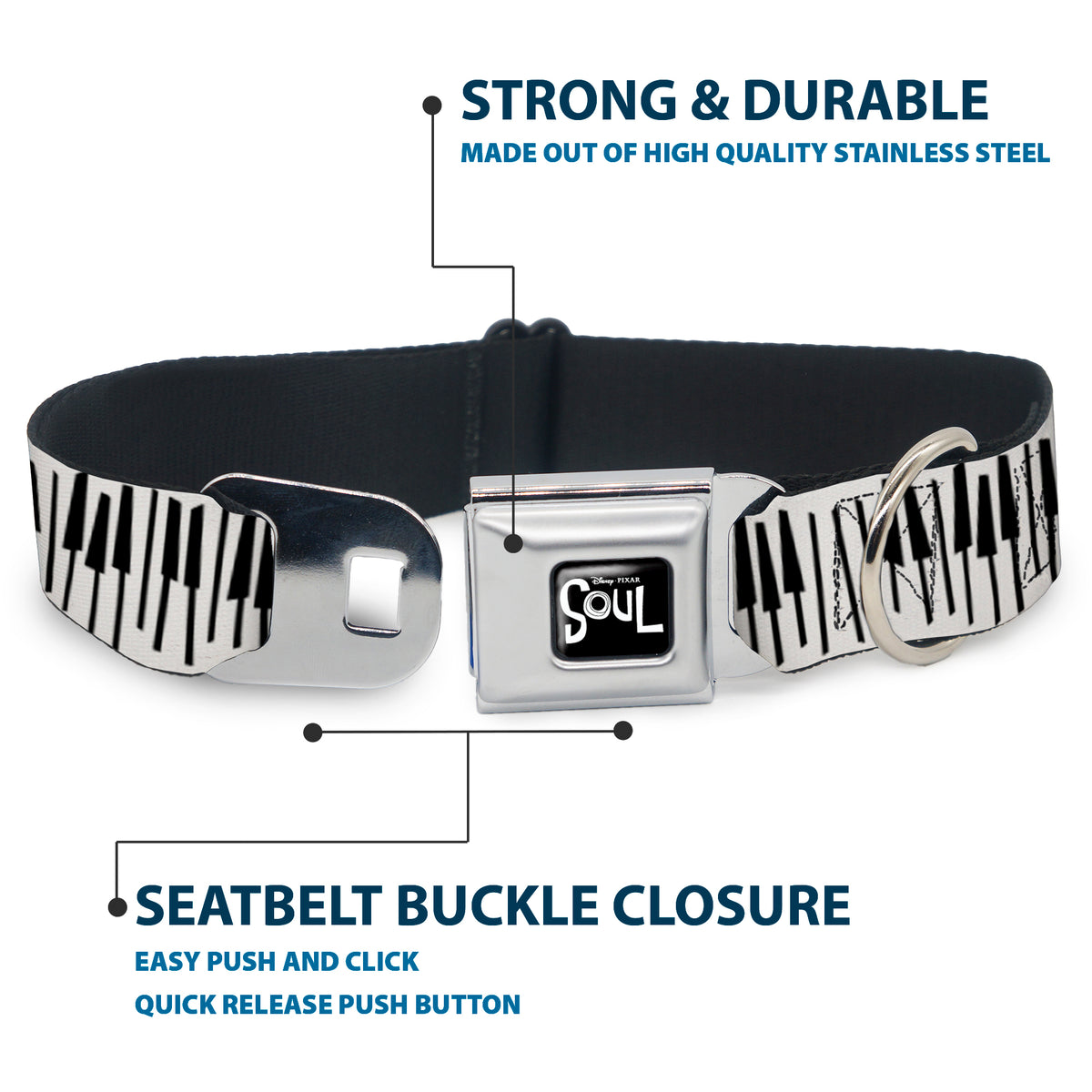 SOUL Text Logo Full Color Black/White Seatbelt Buckle Collar - Soul Piano Keys White/Black Dog Collars Seatbelt Buckle Disney