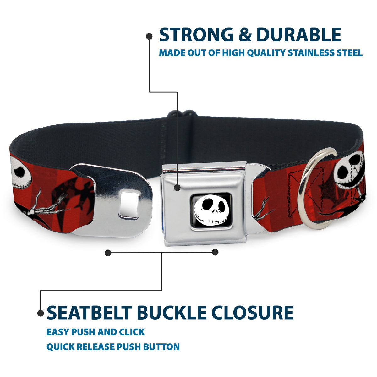 Jack Expression5 Full Color Seatbelt Buckle Collar - Nightmare Before Christmas Jack Poses/Bats Red Stripe Dog Collars Seatbelt Buckle Disney