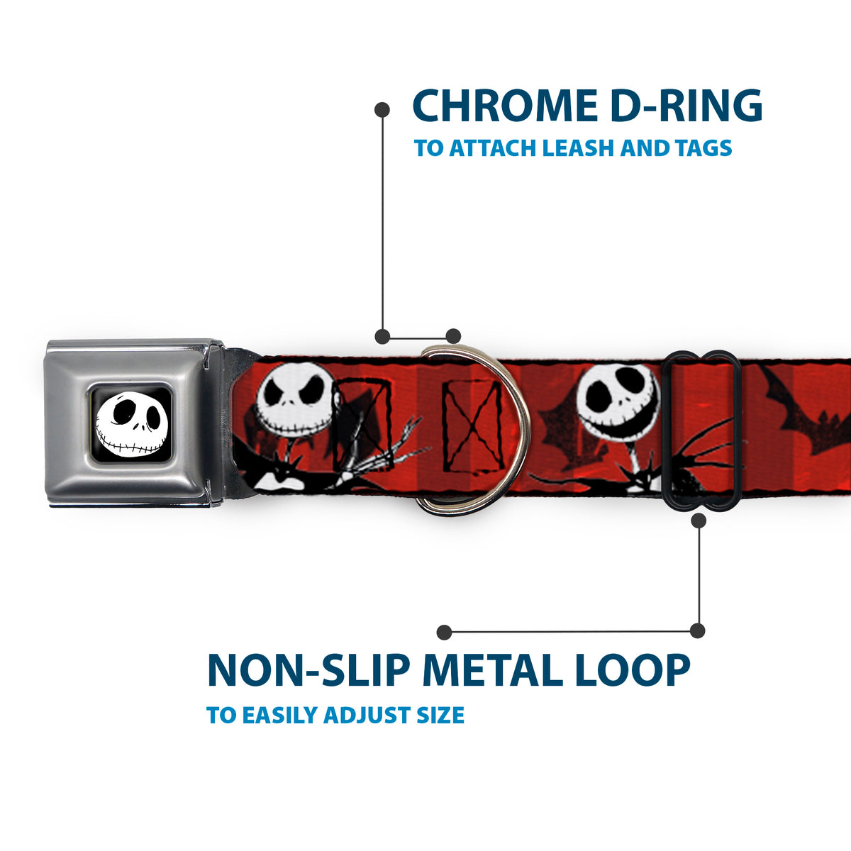 Jack Expression5 Full Color Seatbelt Buckle Collar - Nightmare Before Christmas Jack Poses/Bats Red Stripe Dog Collars Seatbelt Buckle Disney
