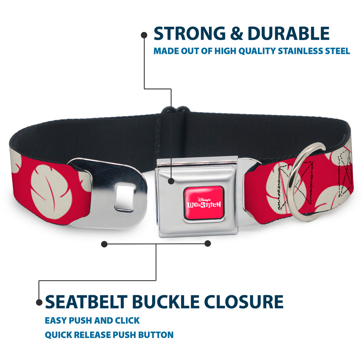 Disney's LILO & STITCH Title Logo Full Color Red/White Seatbelt Buckle Collar - Lilo & Stitch Bounding Lilo Dress Leaves Red/Ivory Dog Collars Seatbelt Buckle Disney