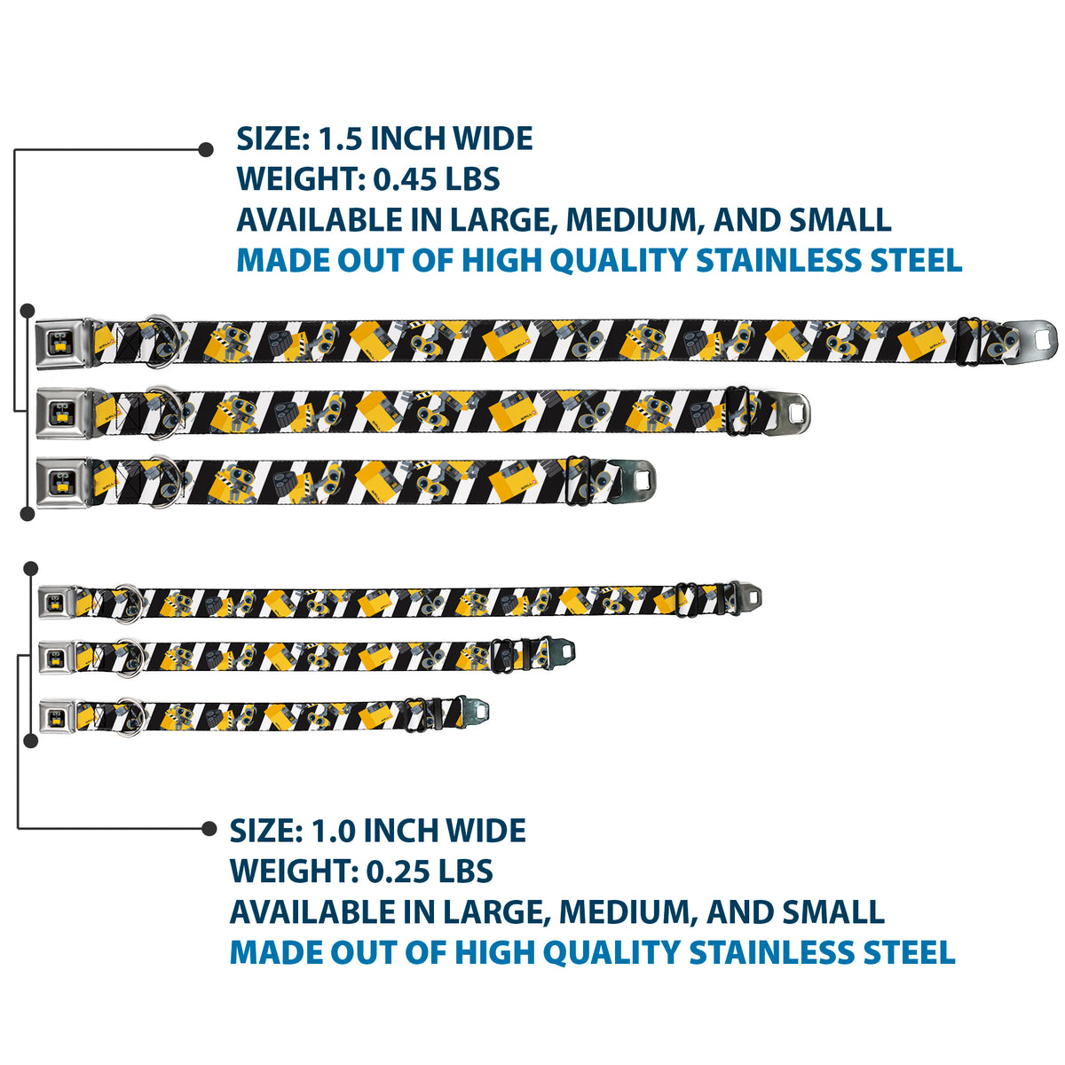 WALL-E Pose Full Color Black Seatbelt Buckle Collar - Wall-E Poses/Stripe Black/White Dog Collars Seatbelt Buckle Disney