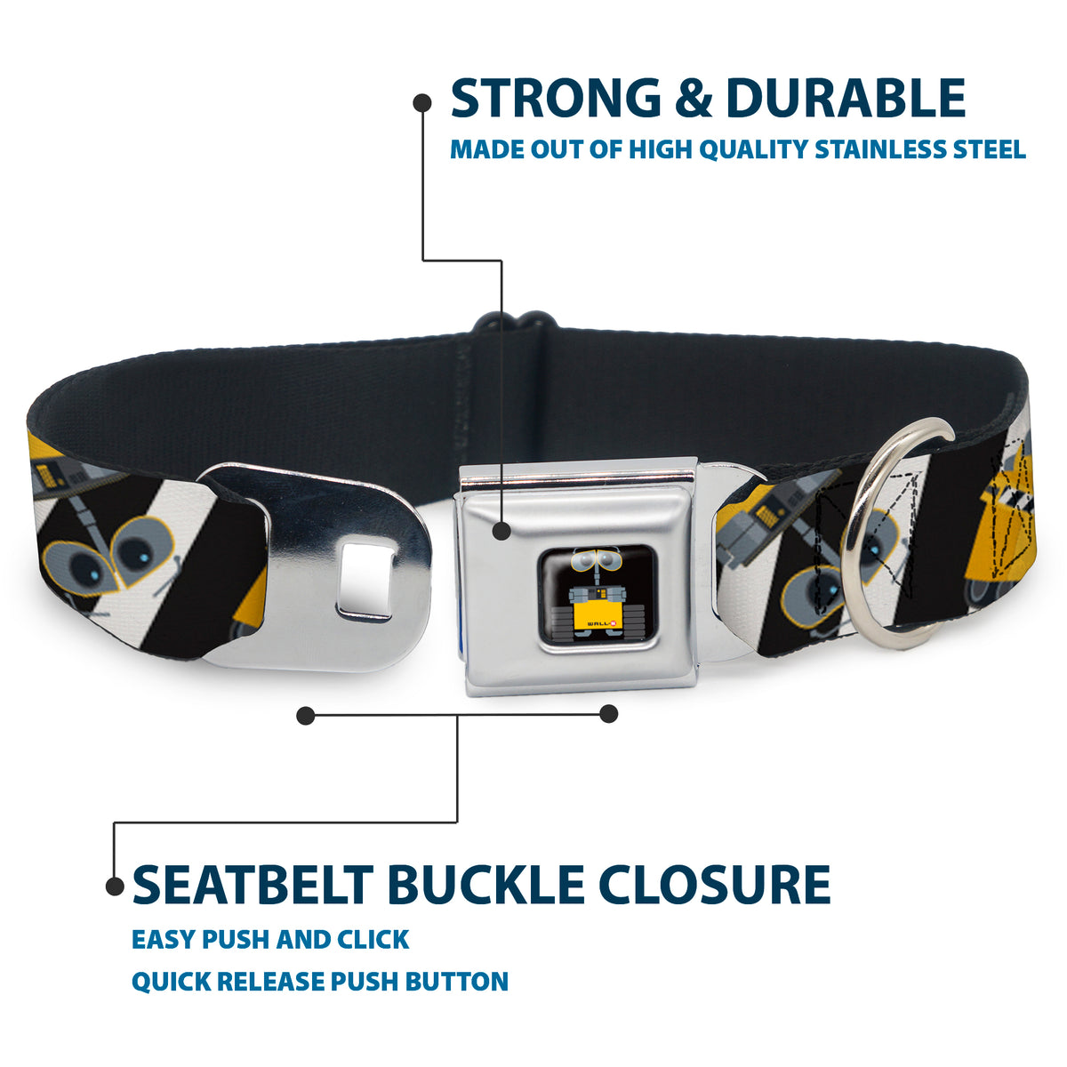 WALL-E Pose Full Color Black Seatbelt Buckle Collar - Wall-E Poses/Stripe Black/White Dog Collars Seatbelt Buckle Disney