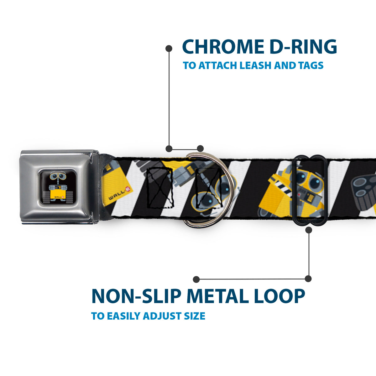 WALL-E Pose Full Color Black Seatbelt Buckle Collar - Wall-E Poses/Stripe Black/White Dog Collars Seatbelt Buckle Disney