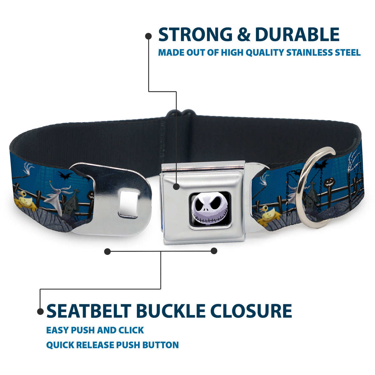 Jack Expression6 Full Color Seatbelt Buckle Collar - Nightmare Before Christmas Jack, Zombie Duck & Zero Cemetery Scene Dog Collars Seatbelt Buckle Disney