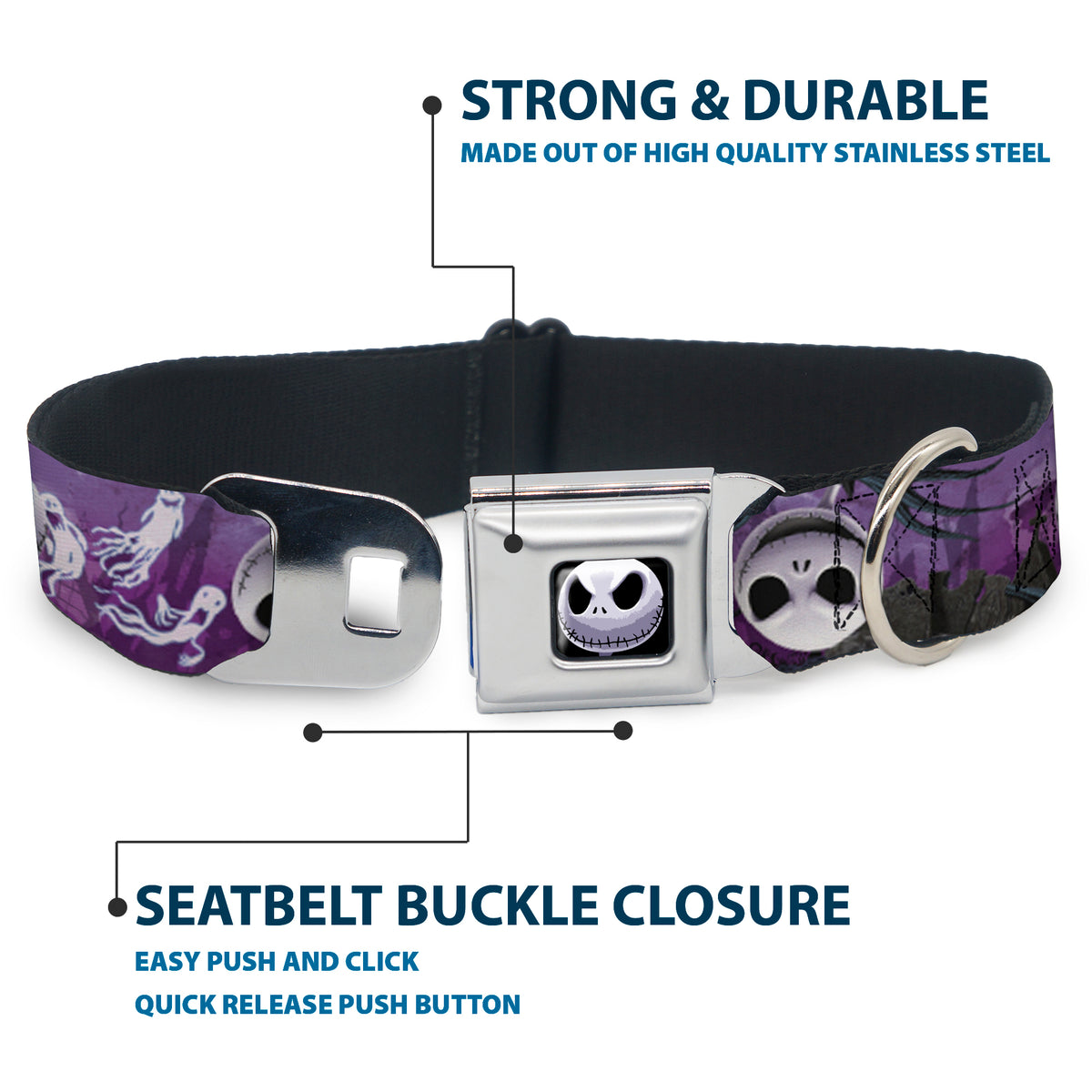 Jack Expression6 Full Color Seatbelt Buckle Collar - Jack Expressions/Ghosts in Cemetery Purples/Grays/White Dog Collars Seatbelt Buckle Disney