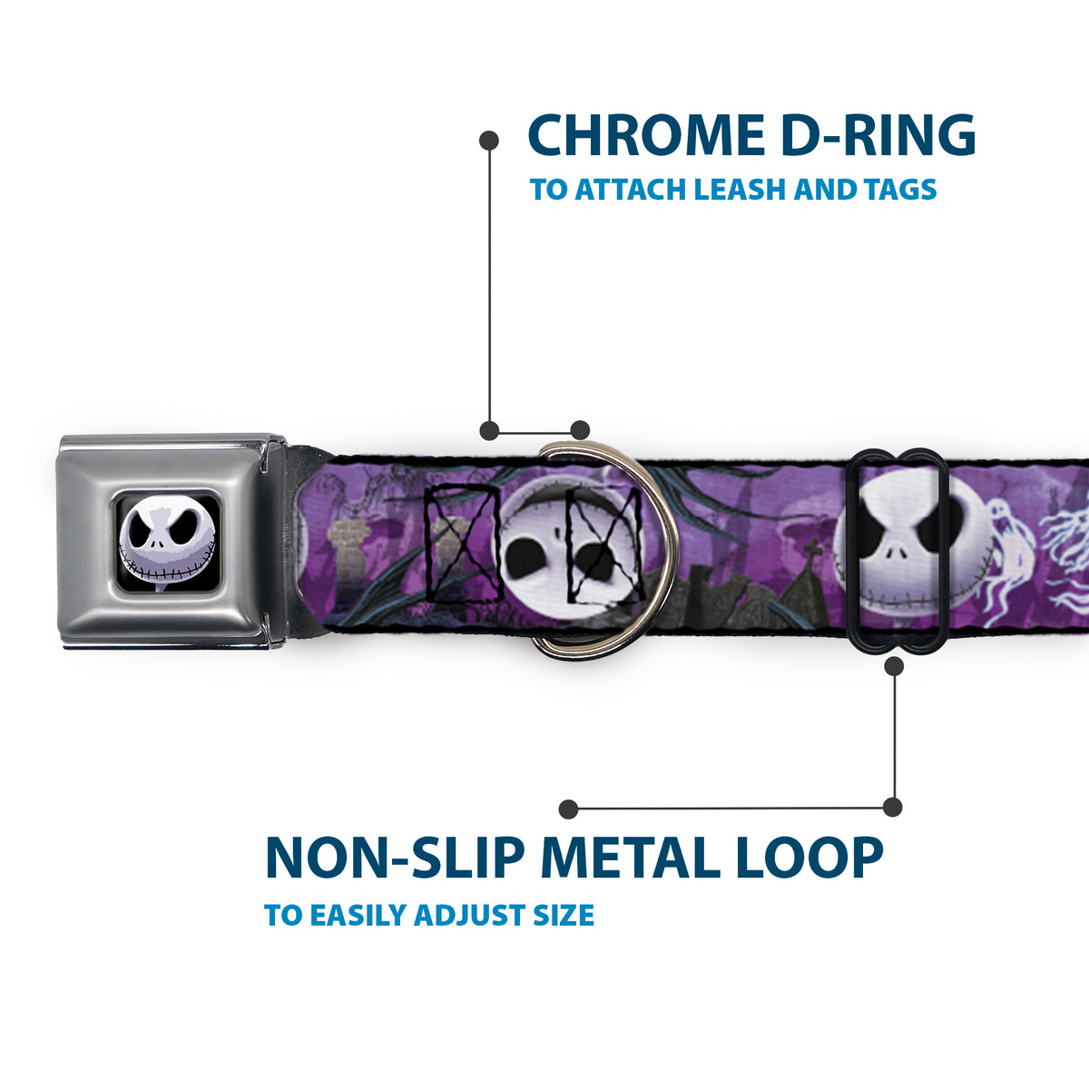 Jack Expression6 Full Color Seatbelt Buckle Collar - Jack Expressions/Ghosts in Cemetery Purples/Grays/White Dog Collars Seatbelt Buckle Disney