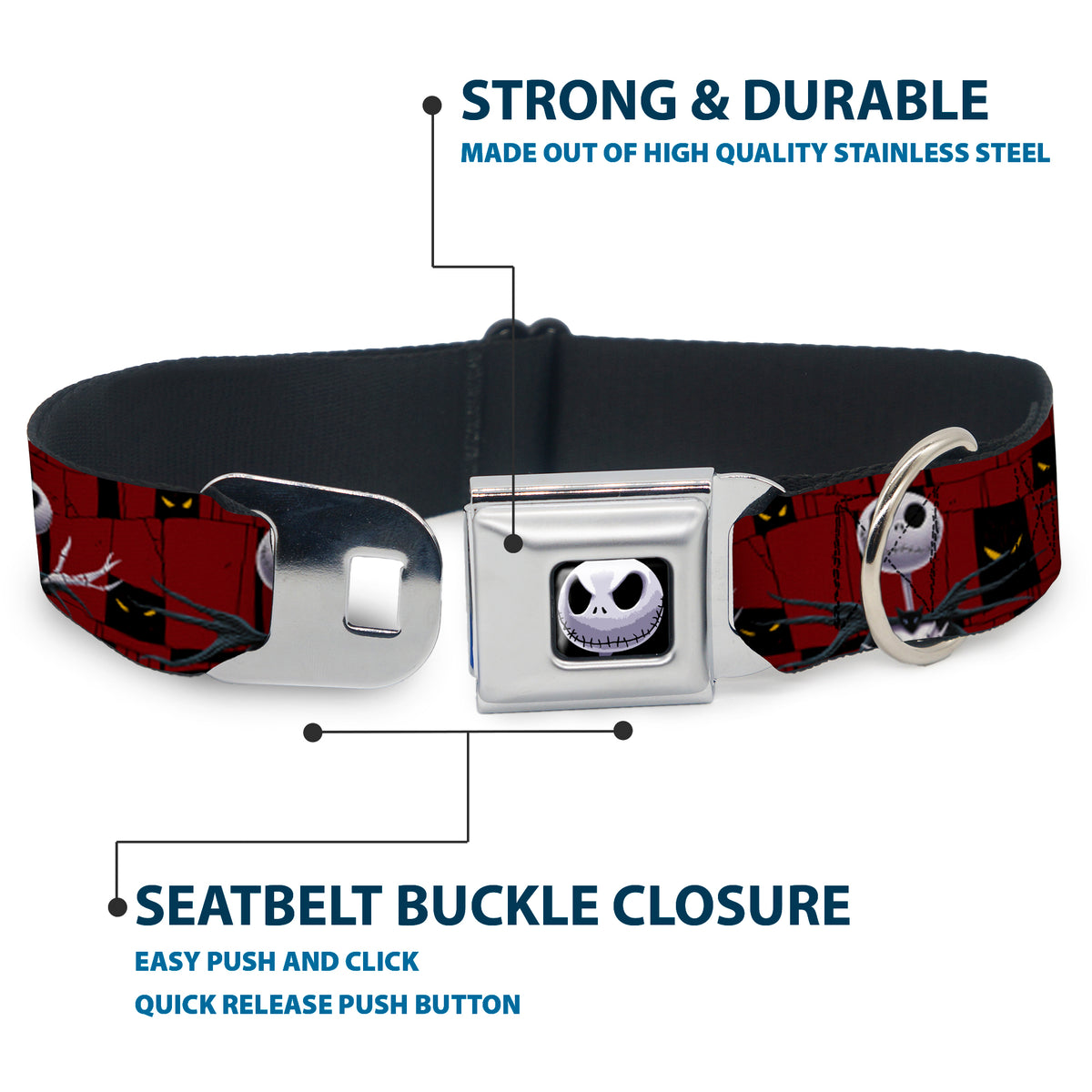 Jack Expression6 Full Color Seatbelt Buckle Collar - Nightmare Before Christmas 3-Jack Poses/Peeping Eyes Burgundy/Black/Yellow Dog Collars Seatbelt Buckle Disney
