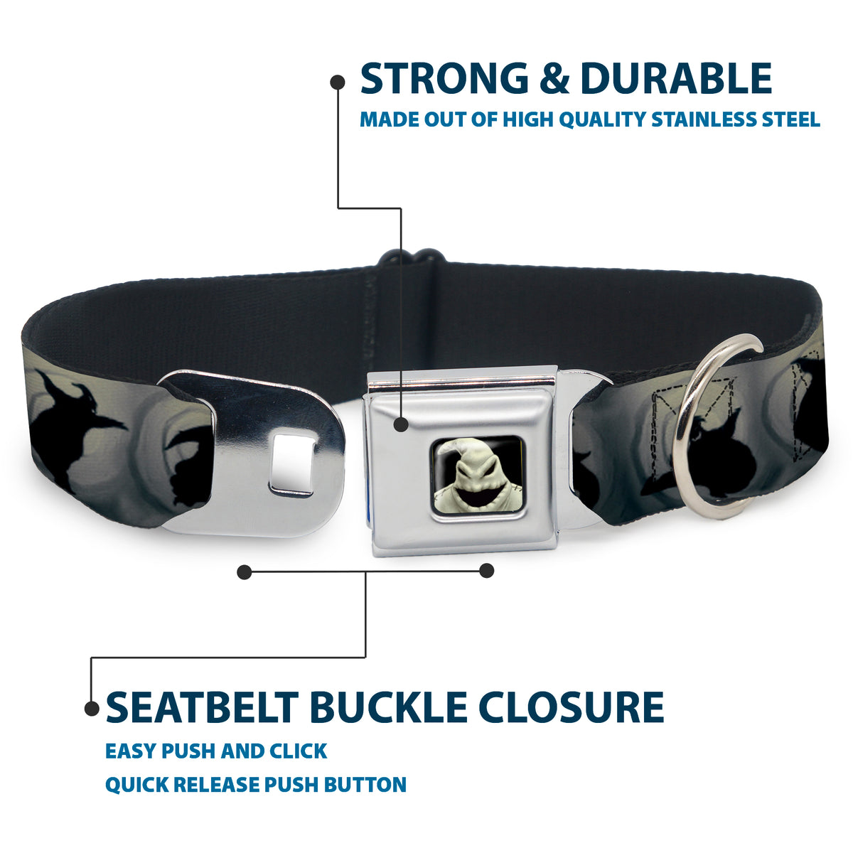 Oogie Boogie CLOSE-UP Full Color Seatbelt Buckle Collar - Oogie Boogie Silhouette Poses Gray/Black Dog Collars Seatbelt Buckle Disney