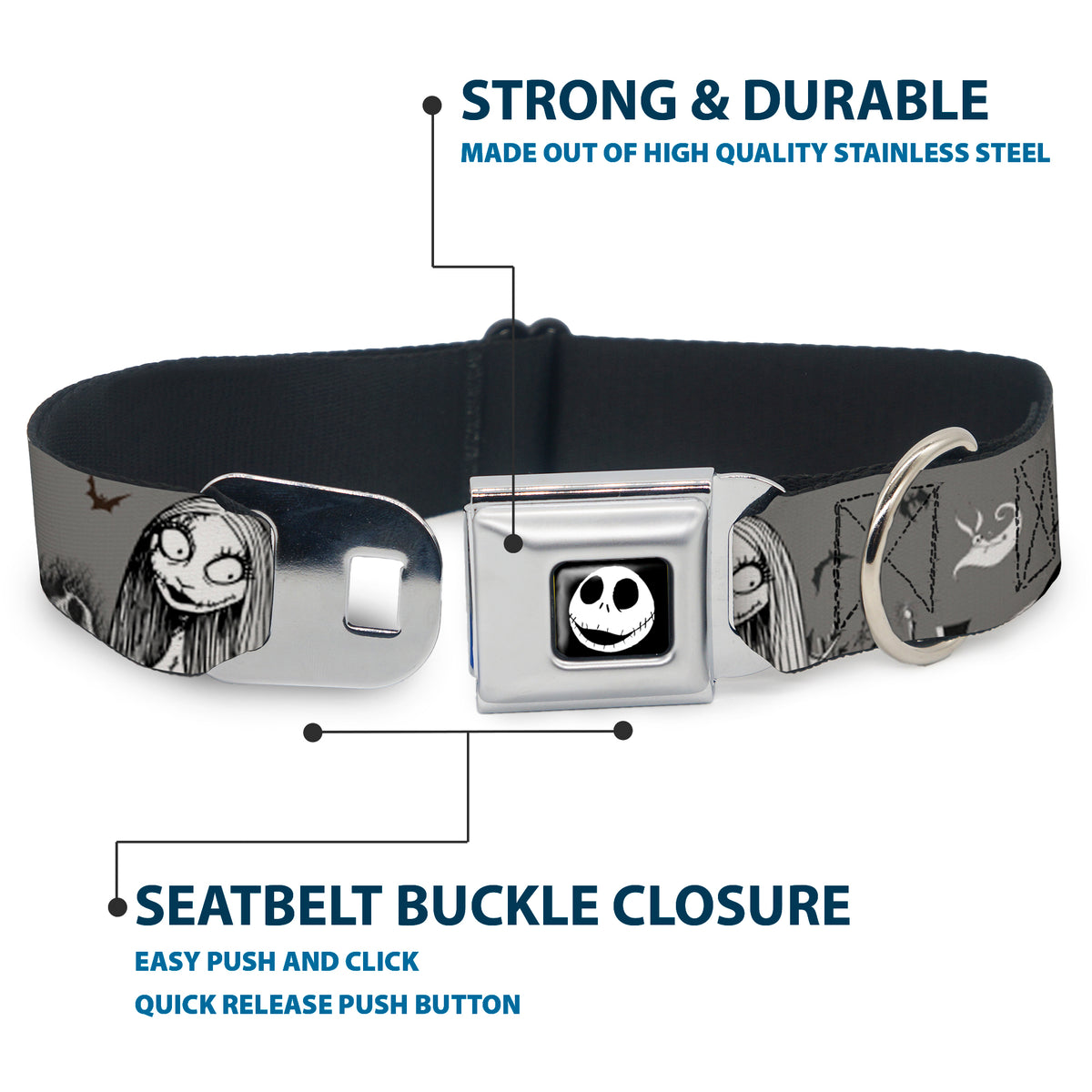 Jack Expression7 Full Color Seatbelt Buckle Collar - NBC Jack & Sally Cemetery Scene Gray/Black/White Dog Collars Seatbelt Buckle Disney