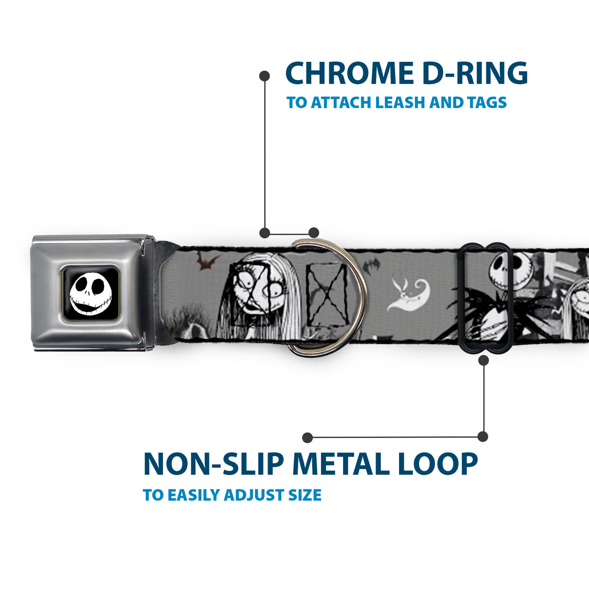 Jack Expression7 Full Color Seatbelt Buckle Collar - NBC Jack & Sally Cemetery Scene Gray/Black/White Dog Collars Seatbelt Buckle Disney