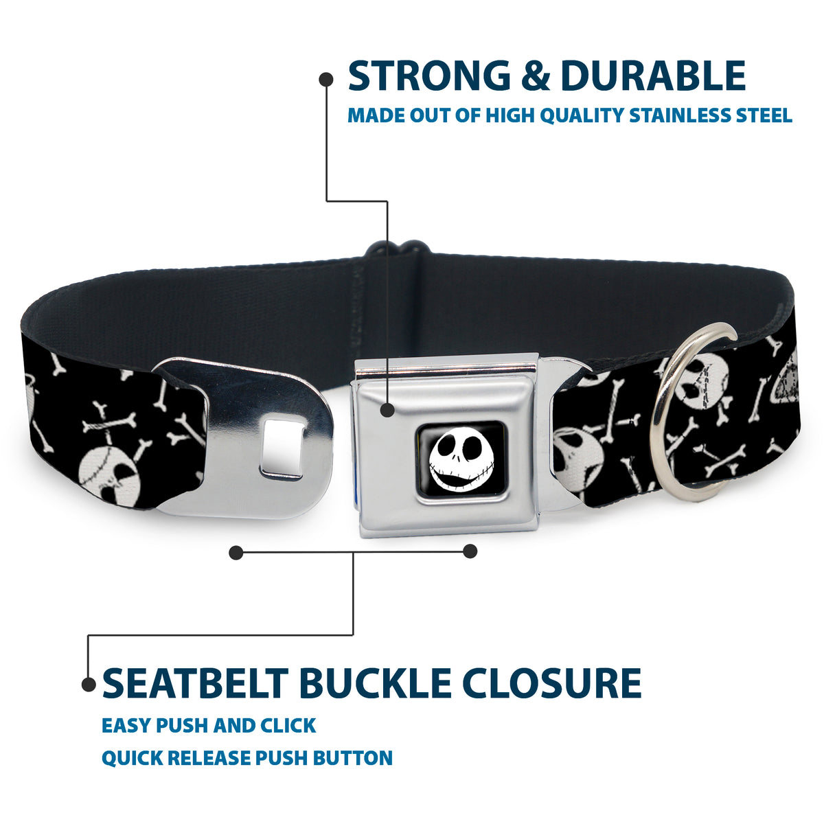 Jack Expressions/Bones Scattered Full Color Black/White Seatbelt Buckle Collar - Jack Expressions/Bones Scattered Black/White Dog Collars Seatbelt Buckle Disney