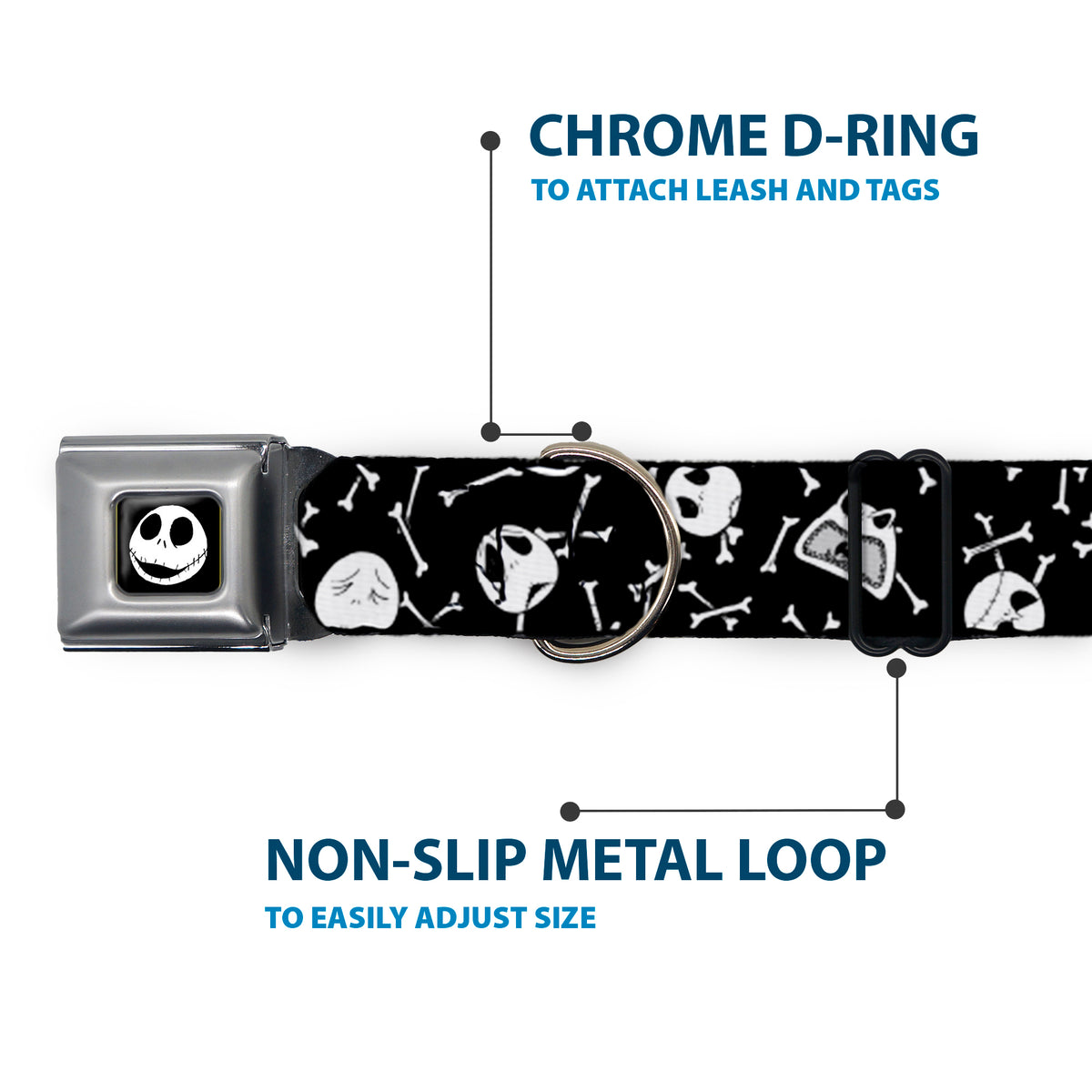 Jack Expressions/Bones Scattered Full Color Black/White Seatbelt Buckle Collar - Jack Expressions/Bones Scattered Black/White Dog Collars Seatbelt Buckle Disney