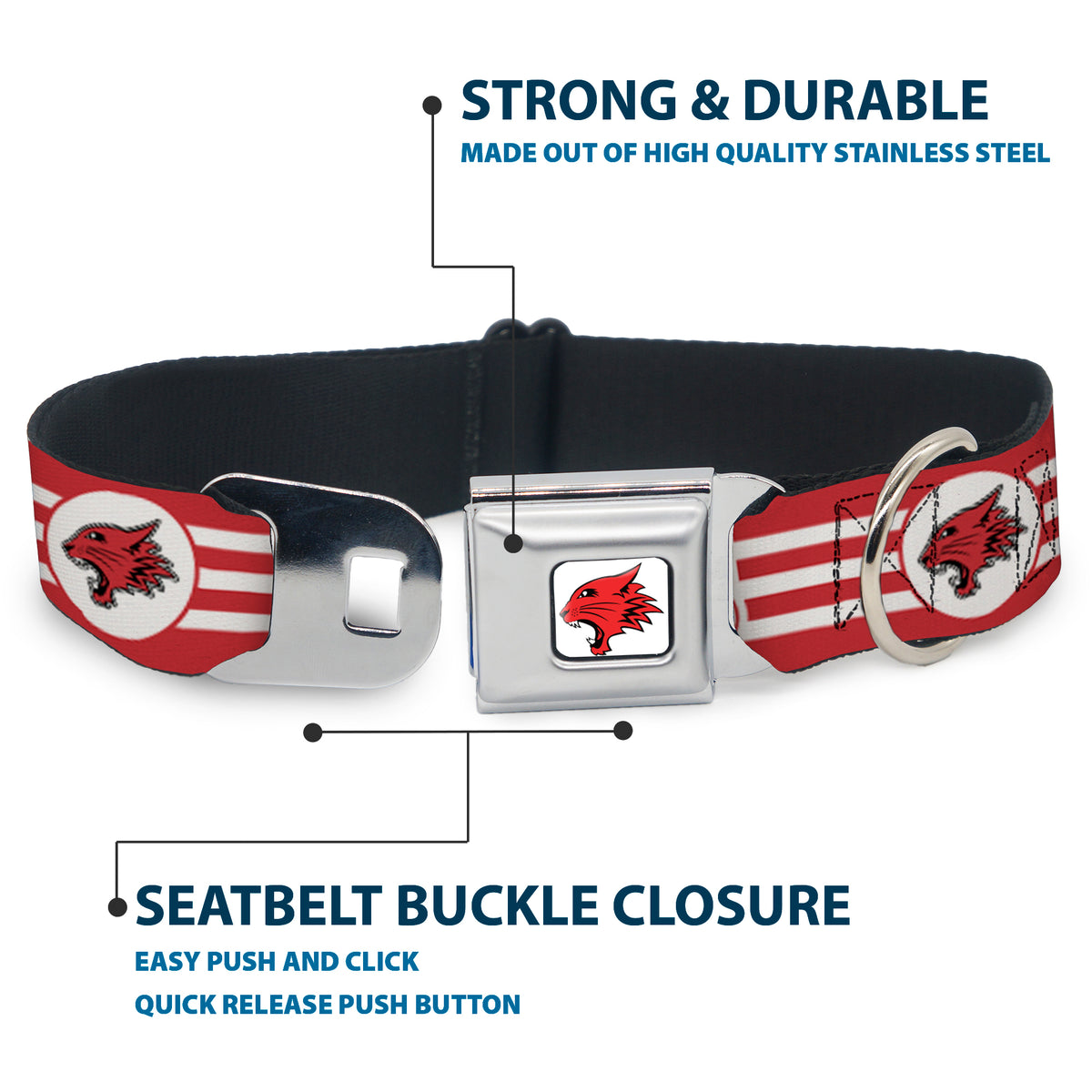 High School Musical East High School Wildcat Logo Full Color White/Red Seatbelt Buckle Collar - High School Musical East High School EHS Wildcats Logo/Stripe White/Red Dog Collars Seatbelt Buckle Disney