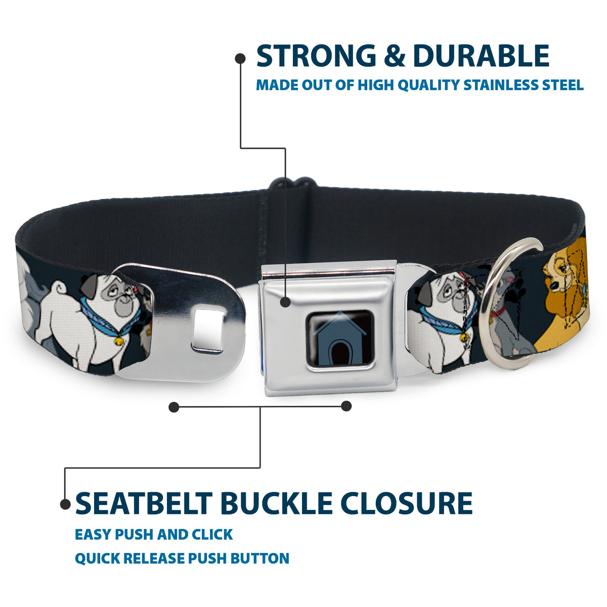 Dog House Full Color Black/Gray Seatbelt Buckle Collar - Disney Dogs 6-Dog Group Collage/Paws Gray/Black Dog Collars Seatbelt Buckle Disney