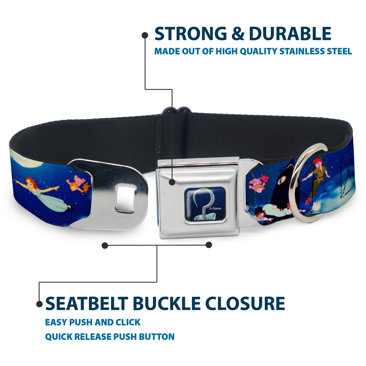 Captain Hook's Hook Full Color Seatbelt Buckle Collar - Peter Pan Flying Scene Dog Collars Seatbelt Buckle Disney