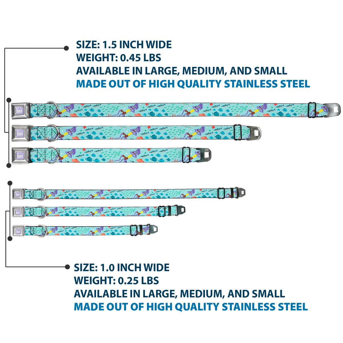 LUCA Logo Full Color Lavender/White Seatbelt Buckle Collar - Luca Isola del Mar Alberto Sea Monster School of Fish Collage Dog Collars Seatbelt Buckle Disney