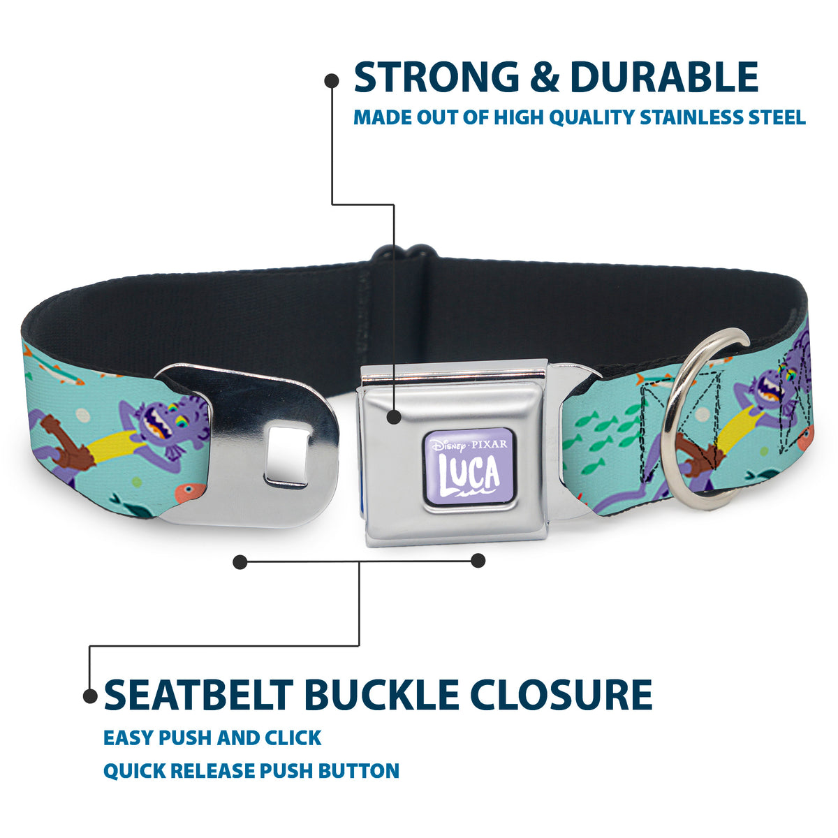 LUCA Logo Full Color Lavender/White Seatbelt Buckle Collar - Luca Isola del Mar Alberto Sea Monster School of Fish Collage Dog Collars Seatbelt Buckle Disney