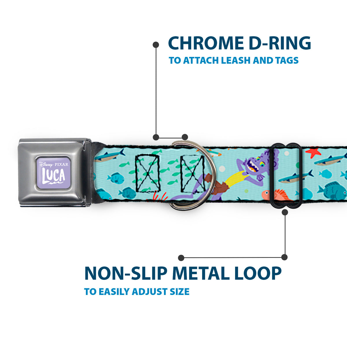 LUCA Logo Full Color Lavender/White Seatbelt Buckle Collar - Luca Isola del Mar Alberto Sea Monster School of Fish Collage Dog Collars Seatbelt Buckle Disney