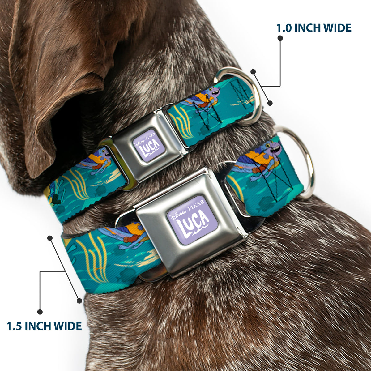LUCA Logo Full Color Lavender/White Seatbelt Buckle Collar - Luca and Alberto Sea Monsters Swimming Poses Turquoise Blues Dog Collars Seatbelt Buckle Disney