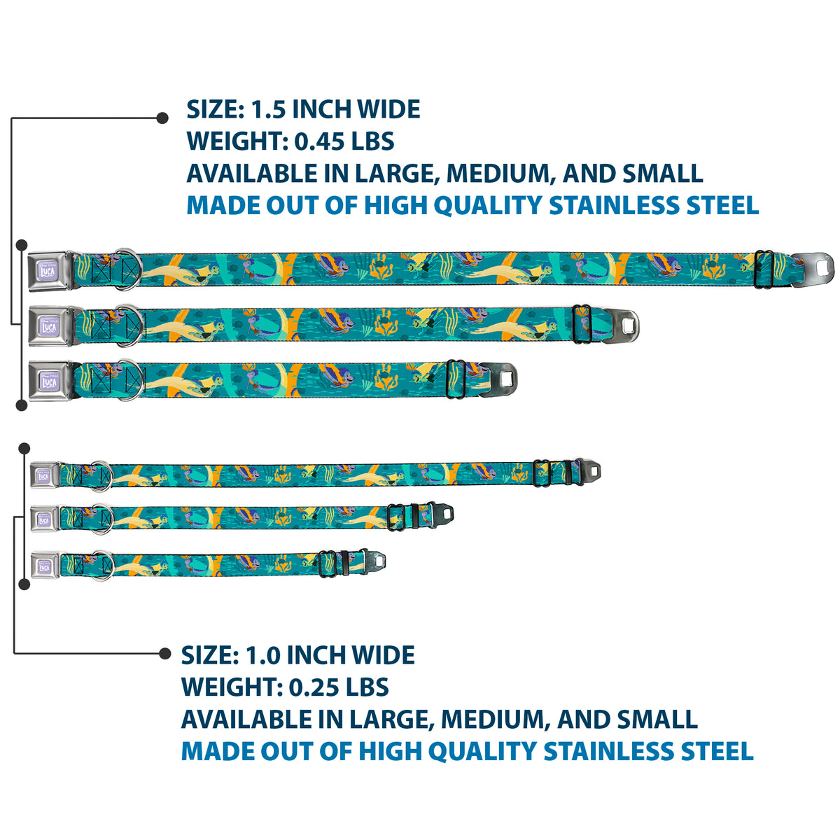 LUCA Logo Full Color Lavender/White Seatbelt Buckle Collar - Luca and Alberto Sea Monsters Swimming Poses Turquoise Blues Dog Collars Seatbelt Buckle Disney