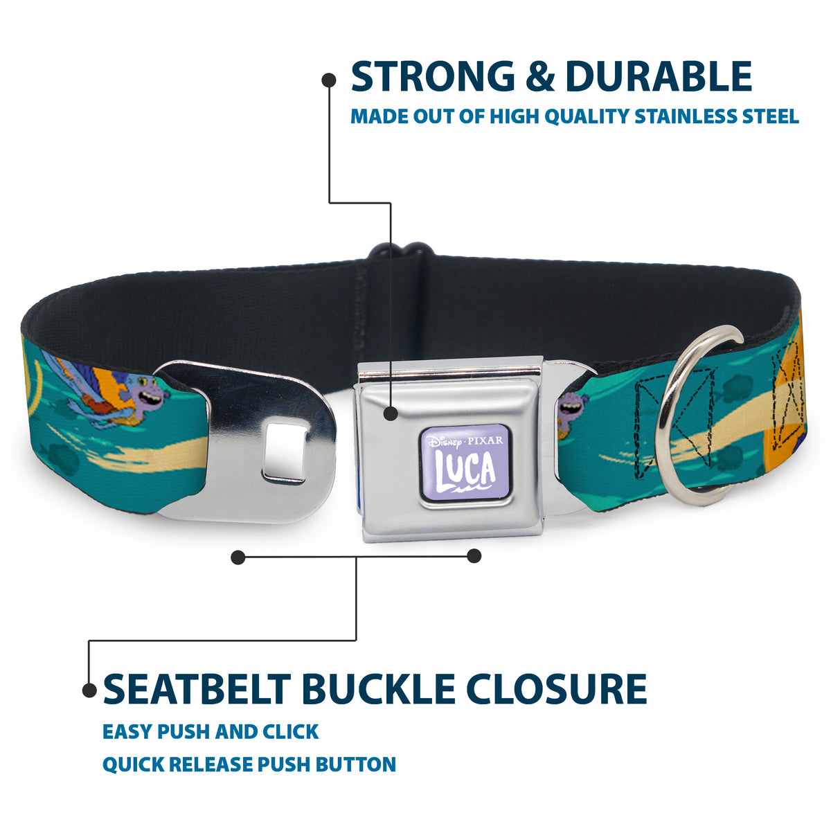 LUCA Logo Full Color Lavender/White Seatbelt Buckle Collar - Luca and Alberto Sea Monsters Swimming Poses Turquoise Blues Dog Collars Seatbelt Buckle Disney
