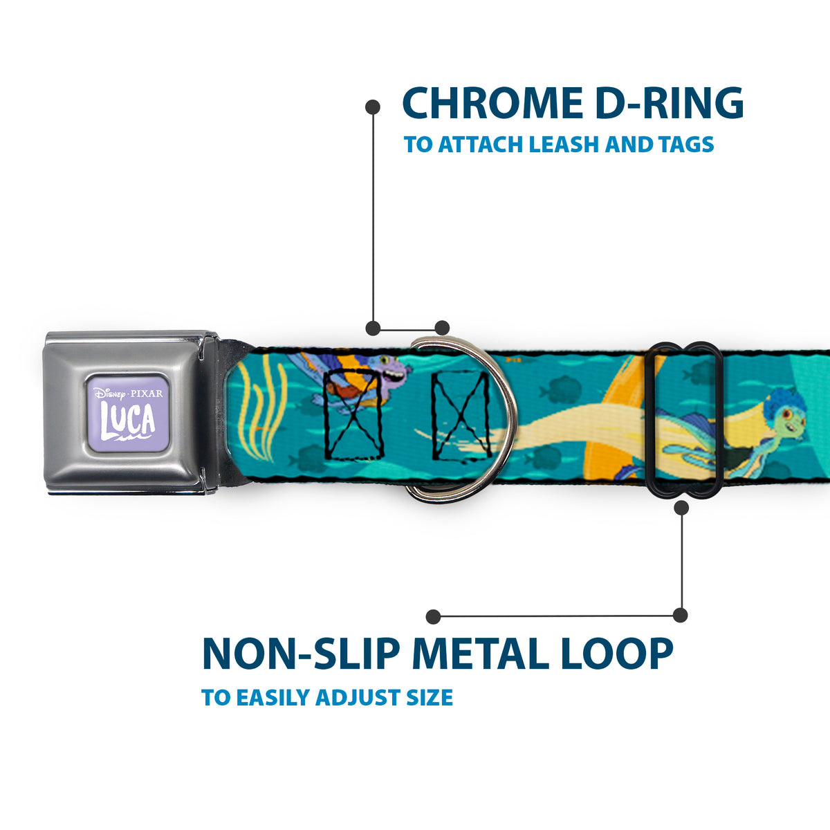 LUCA Logo Full Color Lavender/White Seatbelt Buckle Collar - Luca and Alberto Sea Monsters Swimming Poses Turquoise Blues Dog Collars Seatbelt Buckle Disney