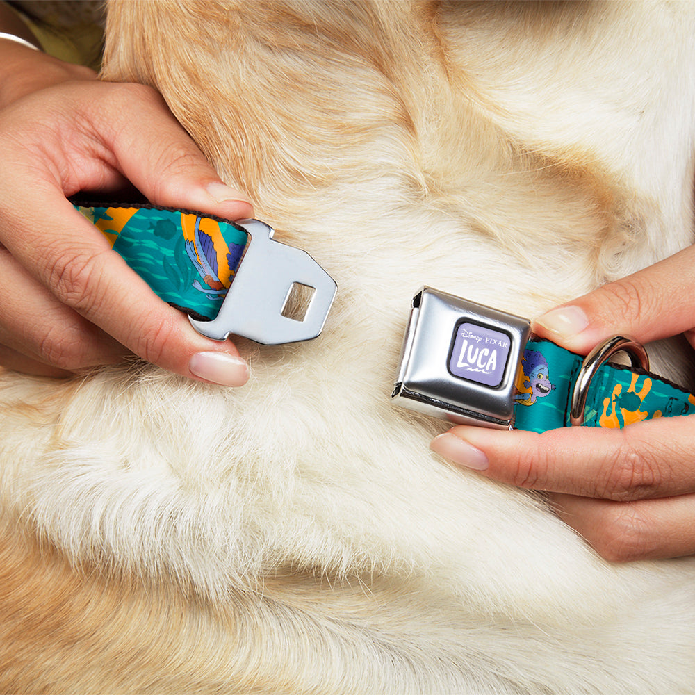 LUCA Logo Full Color Lavender/White Seatbelt Buckle Collar - Luca and Alberto Sea Monsters Swimming Poses Turquoise Blues Dog Collars Seatbelt Buckle Disney