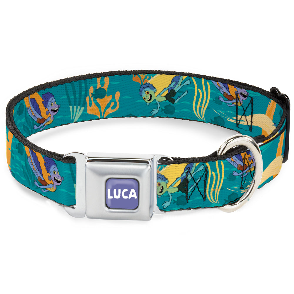 LUCA Logo Full Color Lavender/White Seatbelt Buckle Collar - Luca and Alberto Sea Monsters Swimming Poses Turquoise Blues Dog Collars Seatbelt Buckle Disney