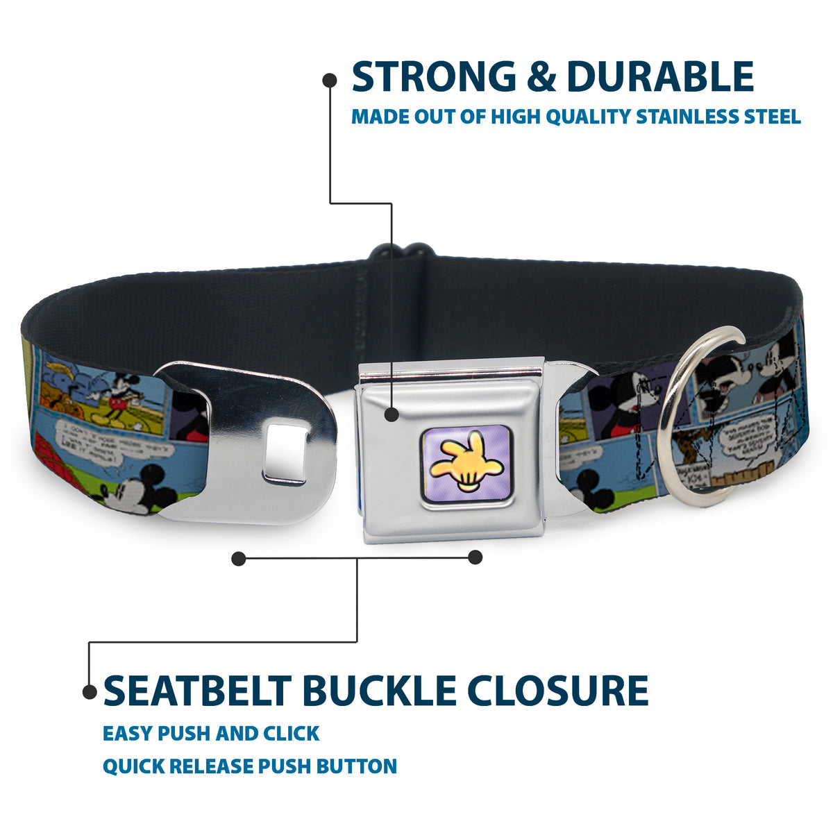 Mickey's Glove Purple Rays Full Color Seatbelt Buckle Collar - Mickey & Minnie Comic Strip Dog Collars Seatbelt Buckle Disney