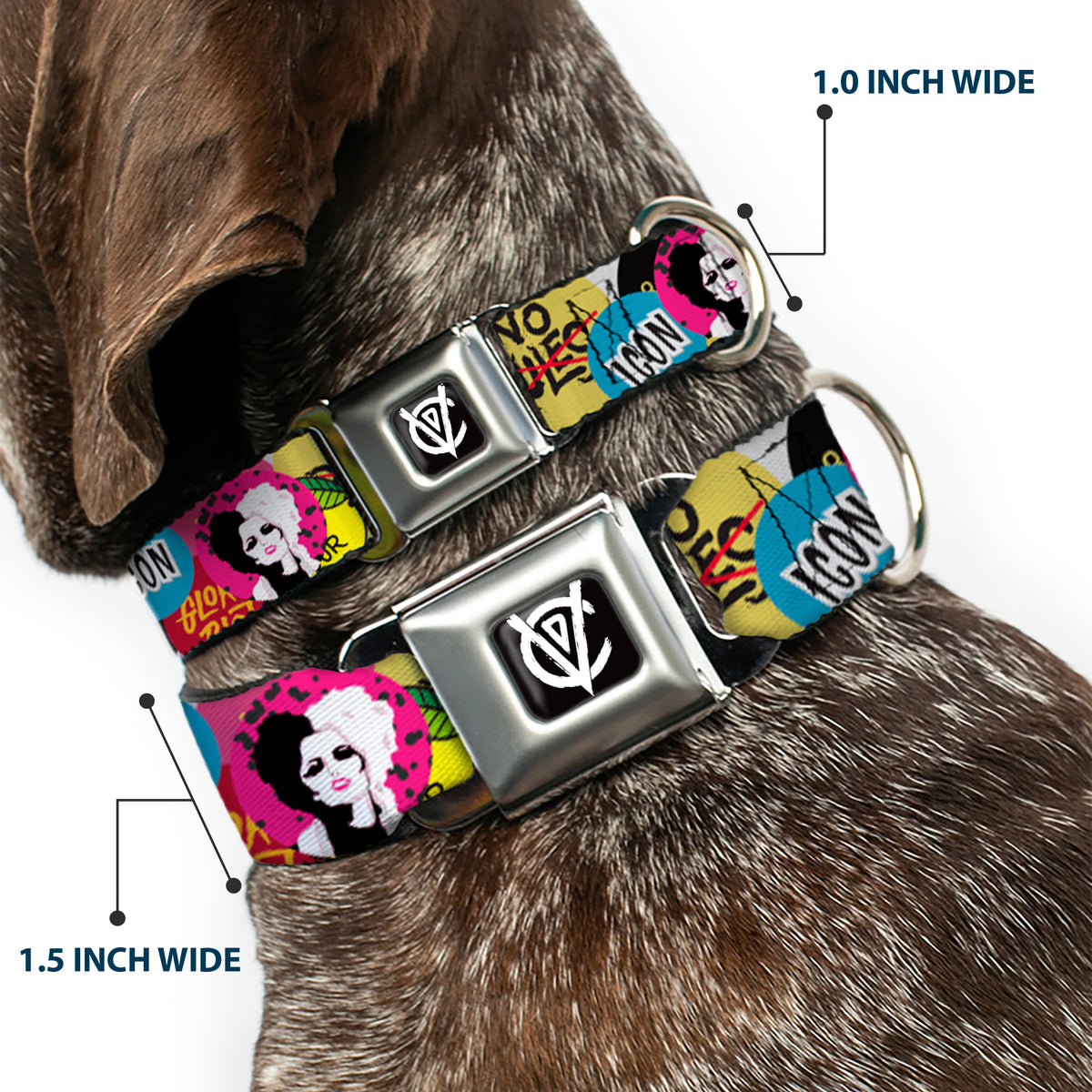 Cruella de Vil CDV Icon Black/White Seatbelt Buckle Collar - Cruella de Vil Cruell World and Round Badge Icons Collage Dog Collars Seatbelt Buckle Disney