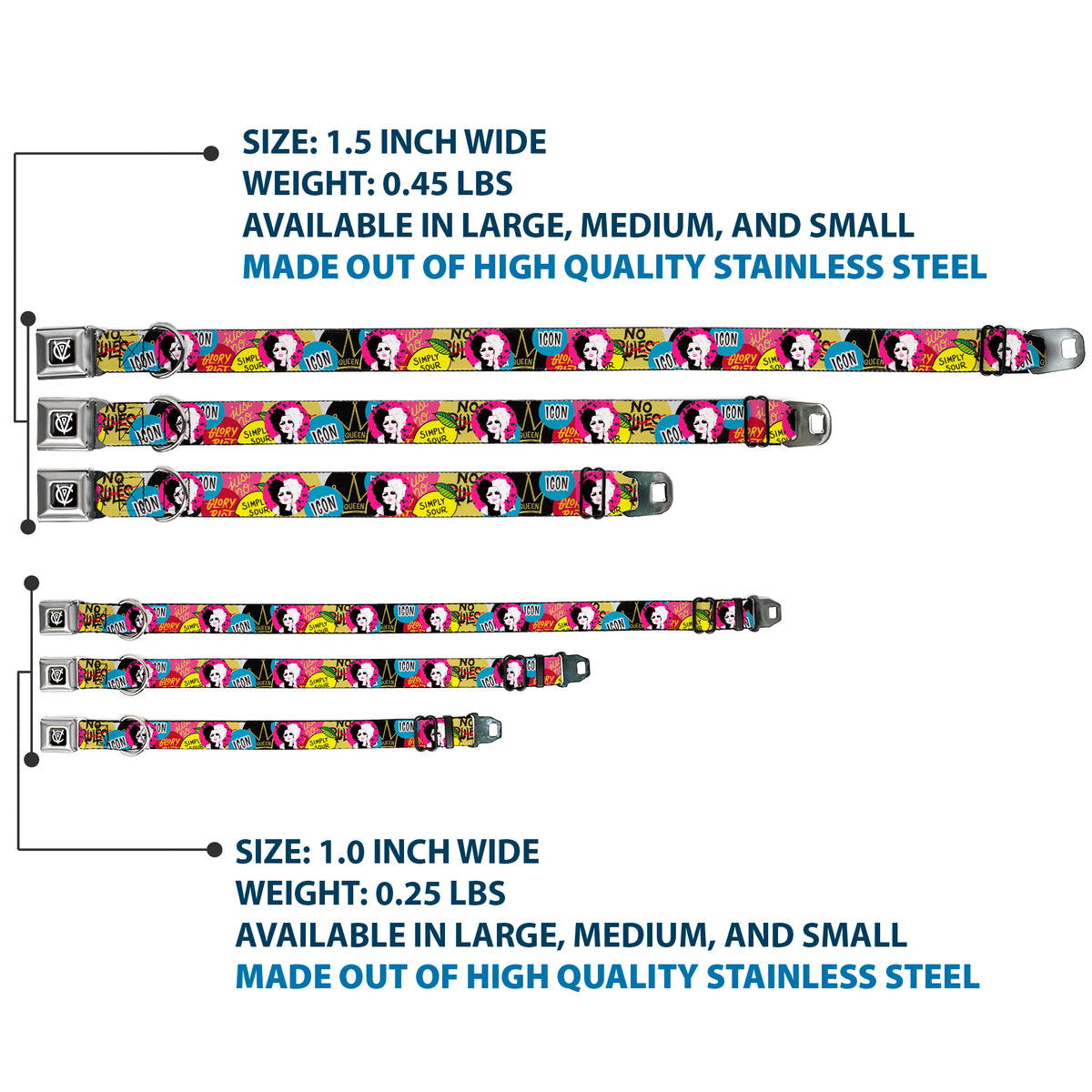 Cruella de Vil CDV Icon Black/White Seatbelt Buckle Collar - Cruella de Vil Cruell World and Round Badge Icons Collage Dog Collars Seatbelt Buckle Disney