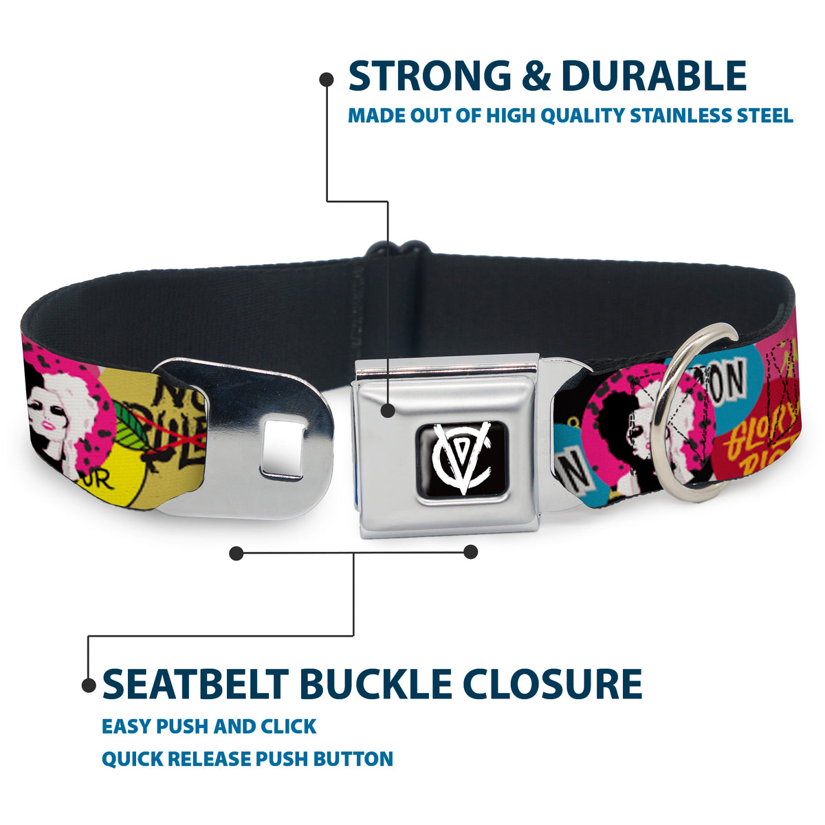 Cruella de Vil CDV Icon Black/White Seatbelt Buckle Collar - Cruella de Vil Cruell World and Round Badge Icons Collage Dog Collars Seatbelt Buckle Disney