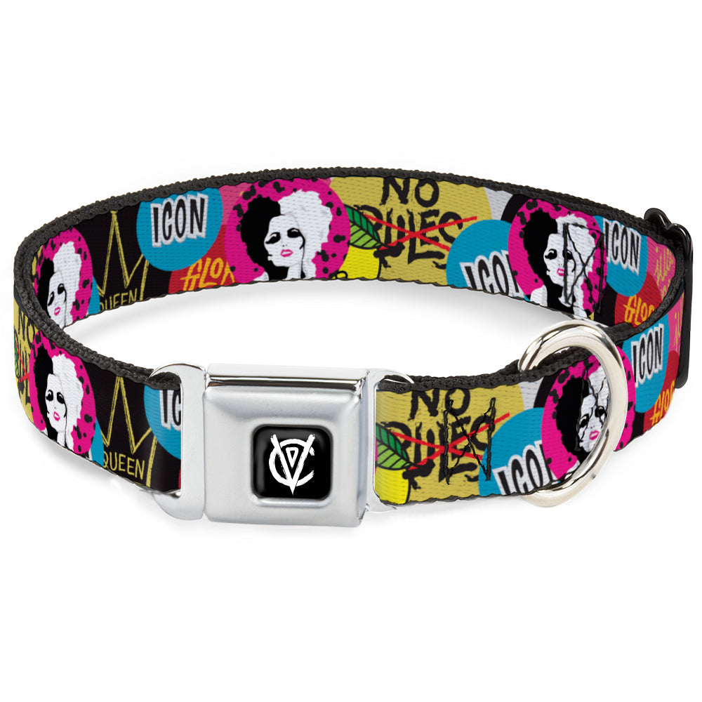 Cruella de Vil CDV Icon Black/White Seatbelt Buckle Collar - Cruella de Vil Cruell World and Round Badge Icons Collage Dog Collars Seatbelt Buckle Disney