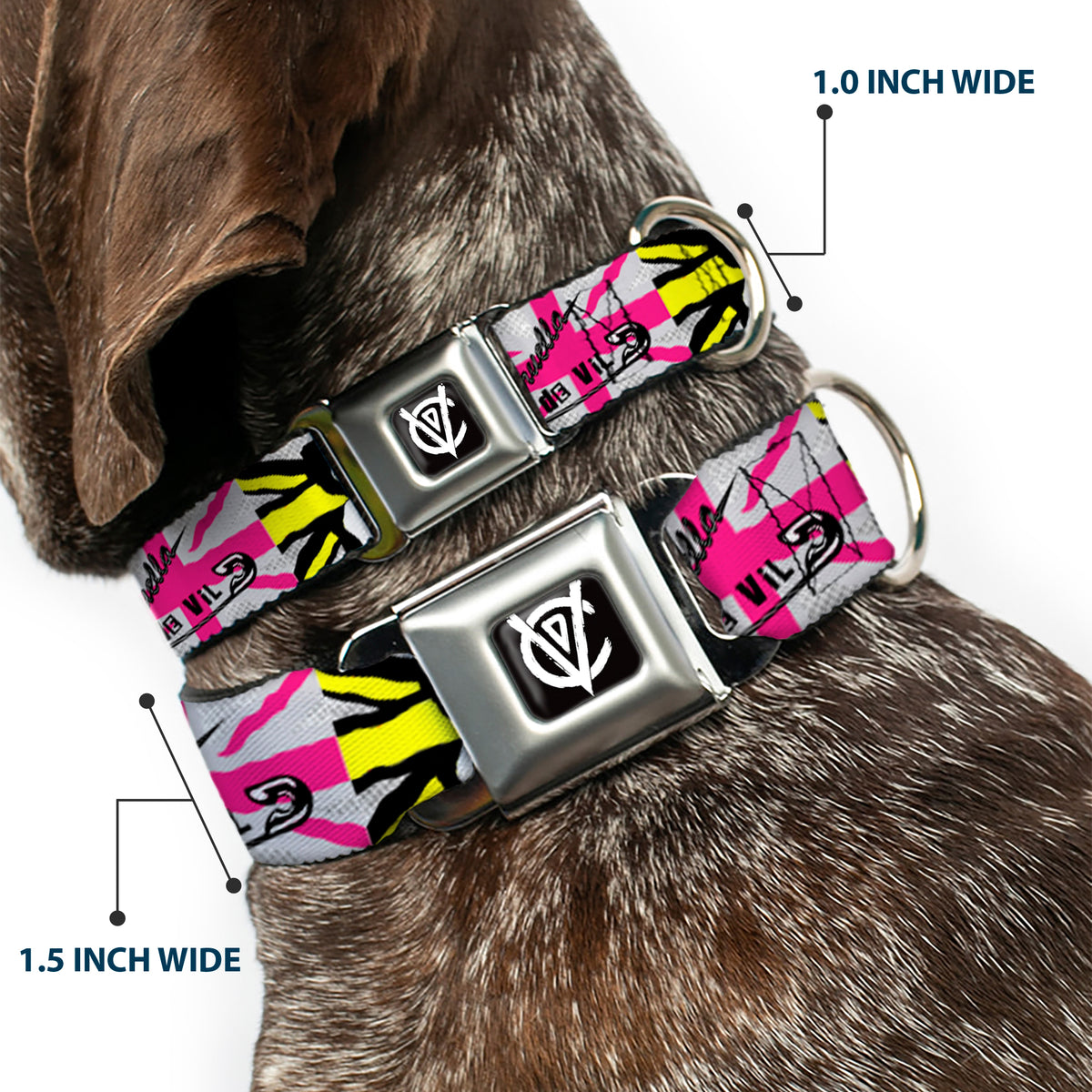 Cruella de Vil CDV Icon Black/White Seatbelt Buckle Collar - CRUELLA DE VIL Safety Pin/Cruell World Pose Union Jack Punk Rock Blocks Dog Collars Seatbelt Buckle Disney