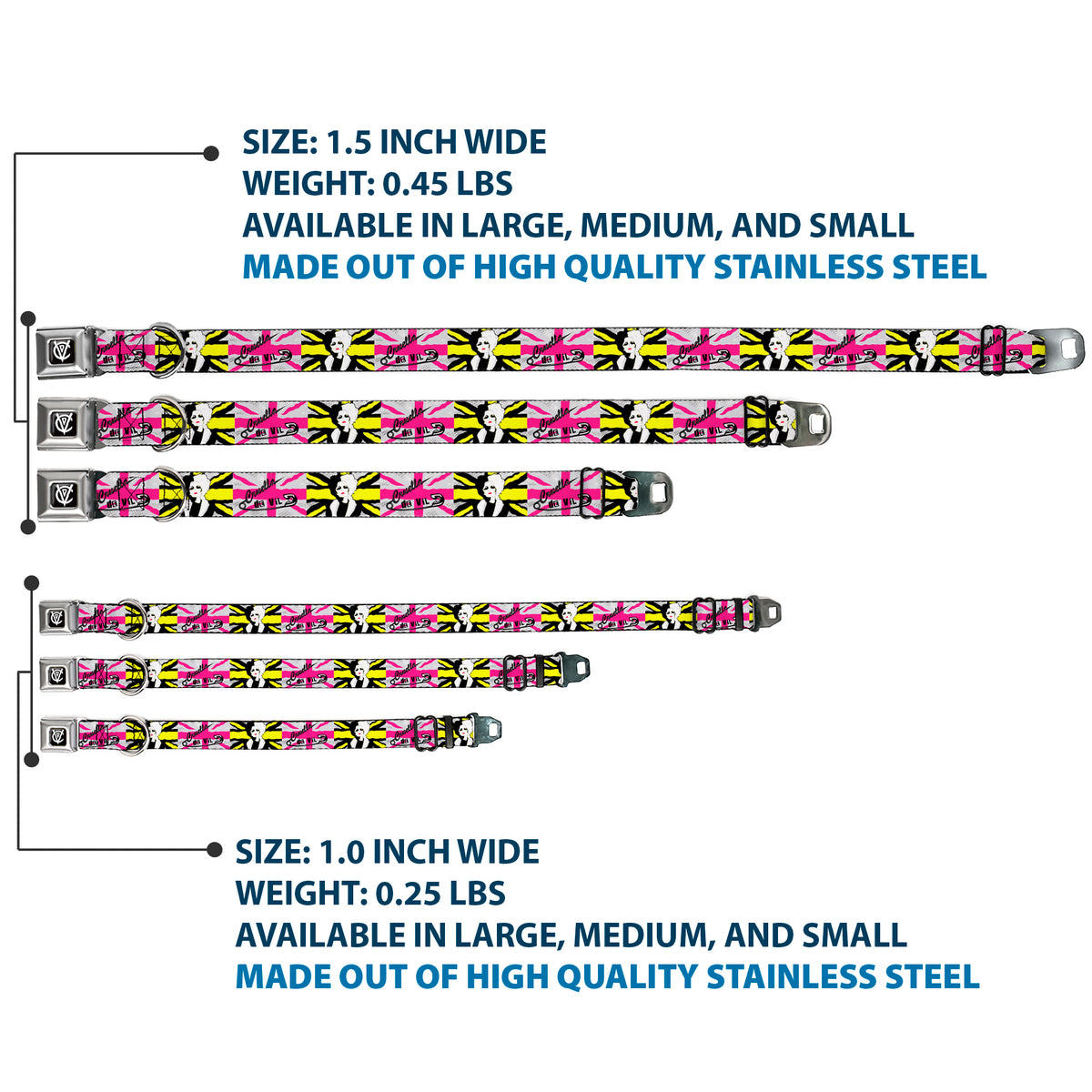 Cruella de Vil CDV Icon Black/White Seatbelt Buckle Collar - CRUELLA DE VIL Safety Pin/Cruell World Pose Union Jack Punk Rock Blocks Dog Collars Seatbelt Buckle Disney
