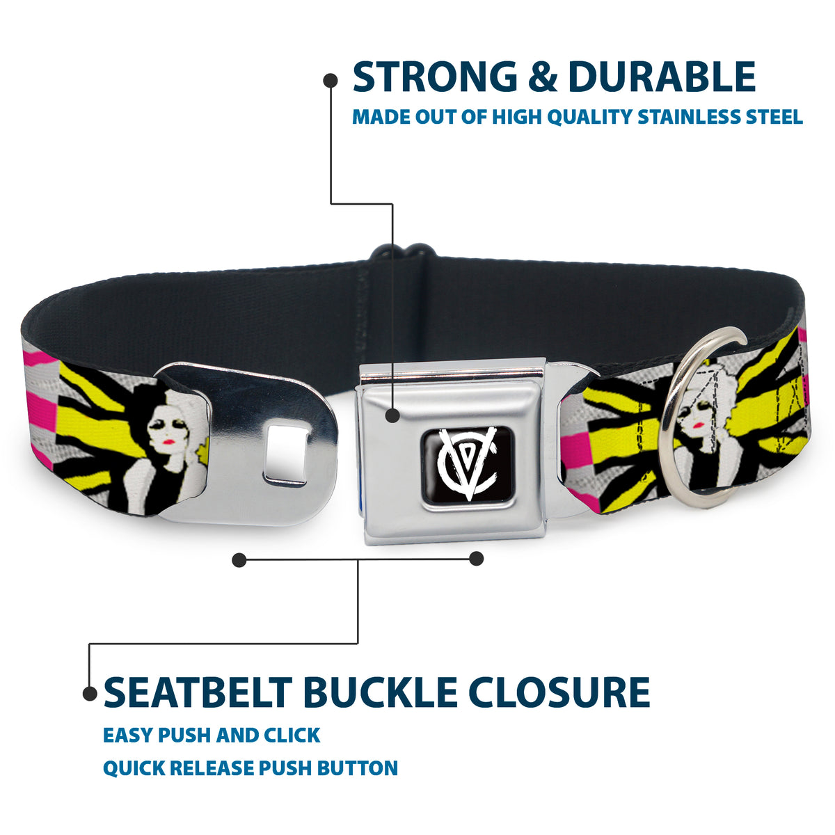 Cruella de Vil CDV Icon Black/White Seatbelt Buckle Collar - CRUELLA DE VIL Safety Pin/Cruell World Pose Union Jack Punk Rock Blocks Dog Collars Seatbelt Buckle Disney