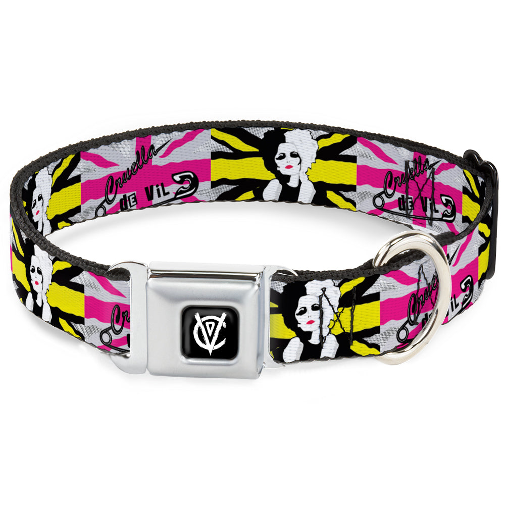 Cruella de Vil CDV Icon Black/White Seatbelt Buckle Collar - CRUELLA DE VIL Safety Pin/Cruell World Pose Union Jack Punk Rock Blocks Dog Collars Seatbelt Buckle Disney