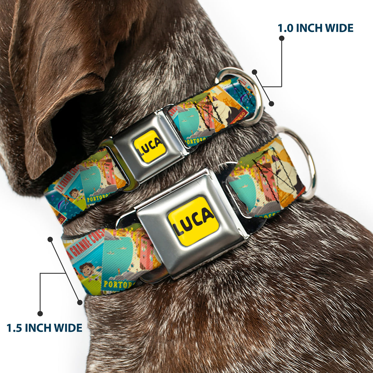 LUCA Logo Full Color Yellow/Black Seatbelt Buckle Collar - Luca The Piazza Poster Collage Stacked Dog Collars Seatbelt Buckle Disney