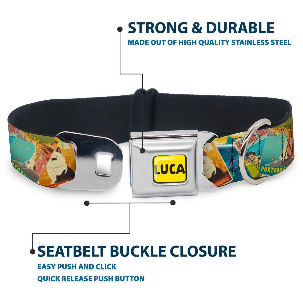 LUCA Logo Full Color Yellow/Black Seatbelt Buckle Collar - Luca The Piazza Poster Collage Stacked Dog Collars Seatbelt Buckle Disney